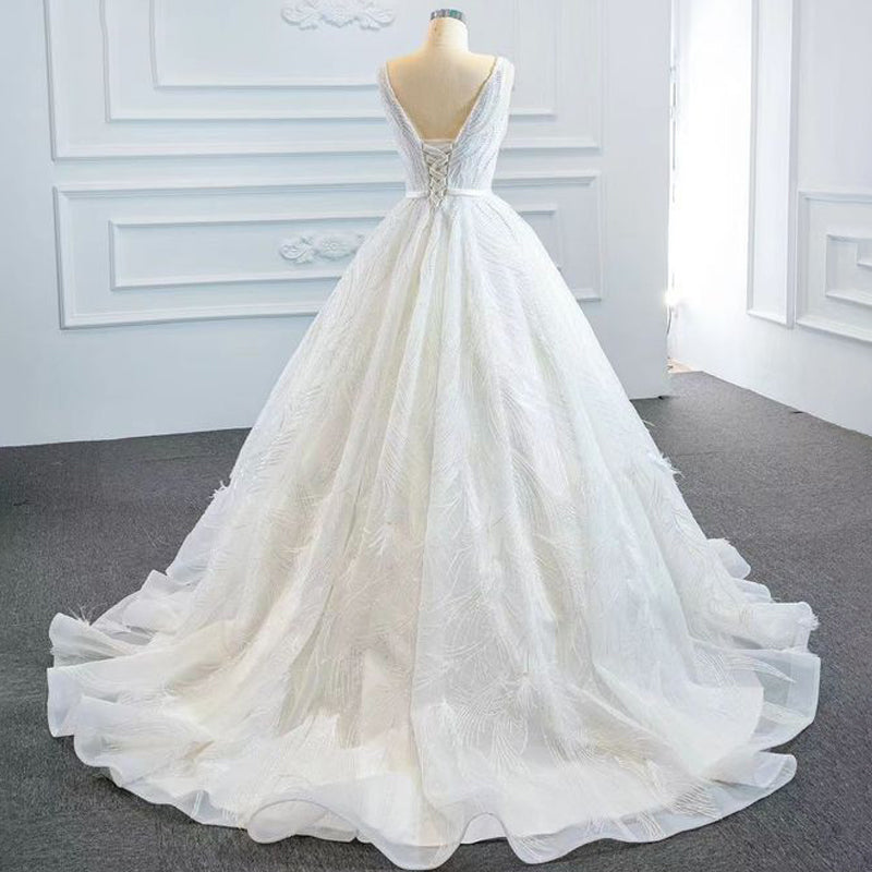 Deep V Neck Sleeveless Lace Princess Wedding Dress Bridal Gown - Image 7
