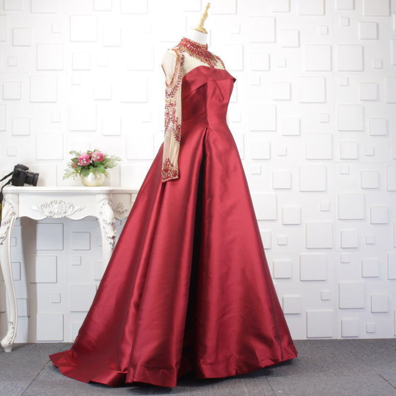 high neck beaded satin navy dresses women party - Image 6