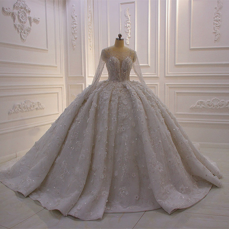 2022 Luxury High Quality Long Sleeve Lace 3D Flower Sequined Wedding Dress