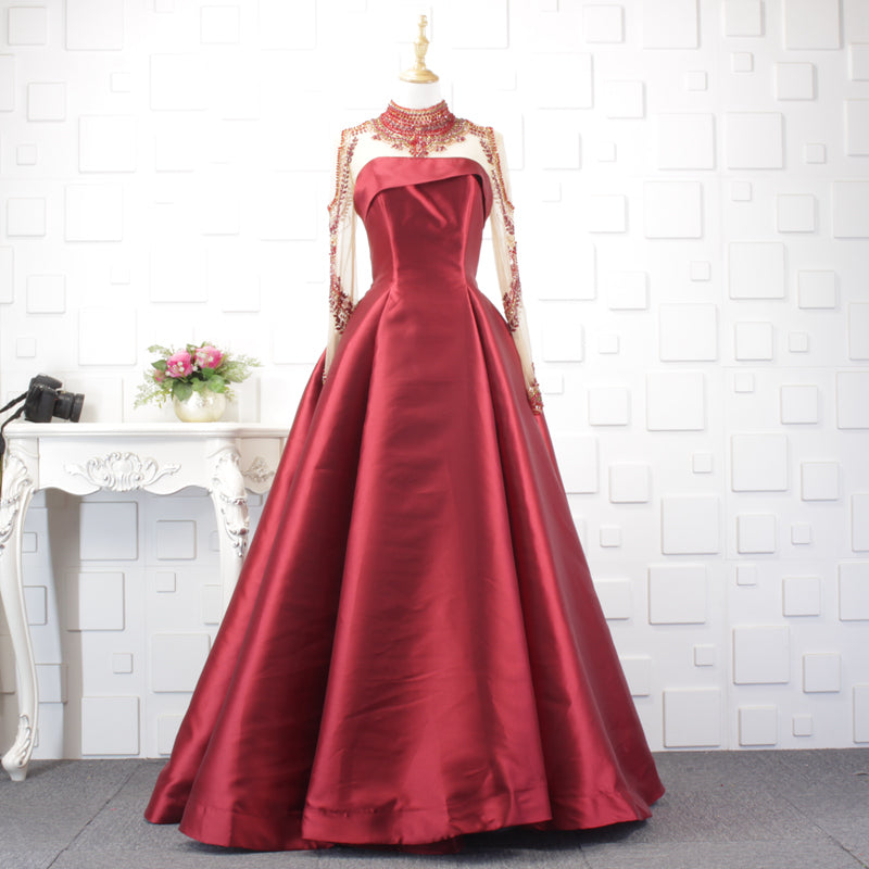 high neck beaded satin navy dresses women party - Image 2