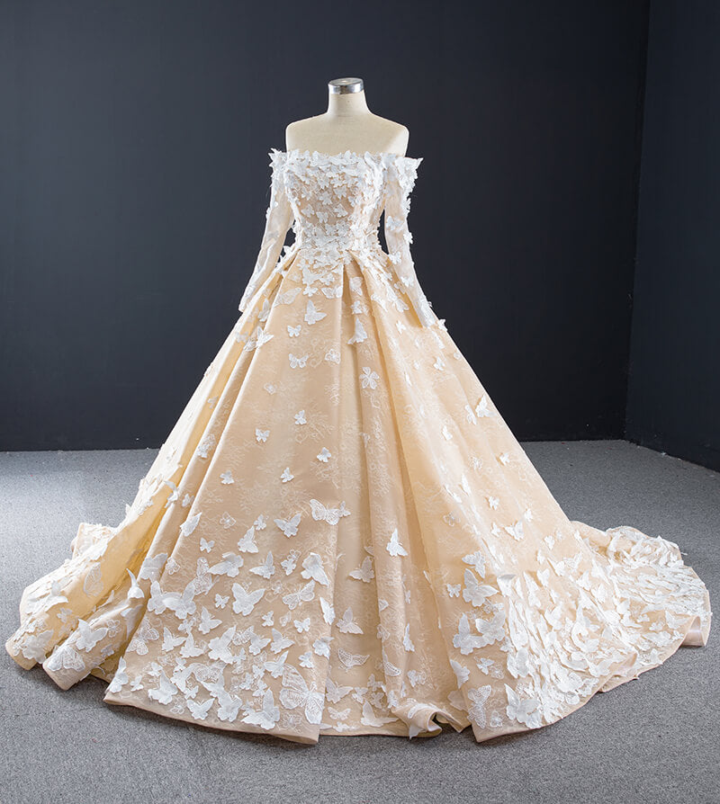 Wedding Dress Champagne Elegant 3d Flower Applique Off Shoulder Long Sleeves Wedding Gown