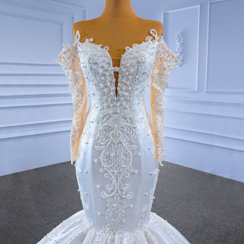 2022 Luxury Newest Design Tube Top Long Sleeve Satin Vintage Beaded Mermaid Bridal Wedding Dress - Image 7