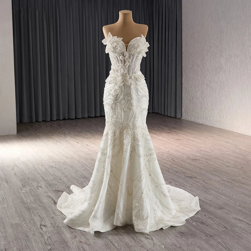 Luxury Sweetheart Sequin Wedding Dress Gown Heavy beaded 3D Flower Mermaid Gown With Detachable Train Wedding Dresses - Image 4