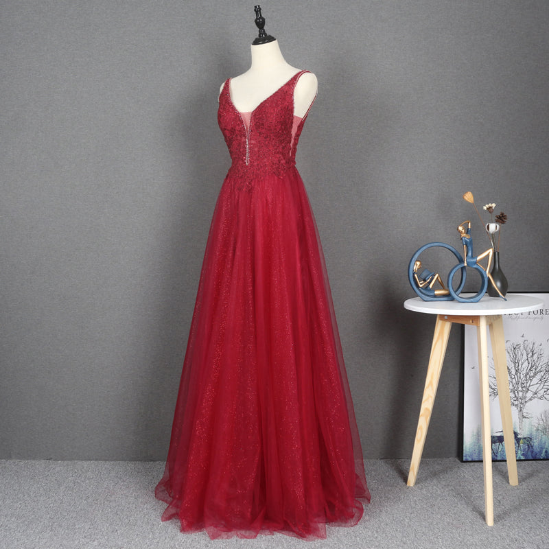Deep V Neck Beading Sequin Lace Prom Dresses Evening Gowns - Image 2