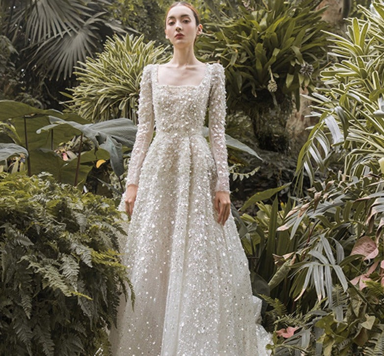 A-Line Long Sleeve Women Fashion Elegant Empire Boho Bridal Gowns Wedding Dress