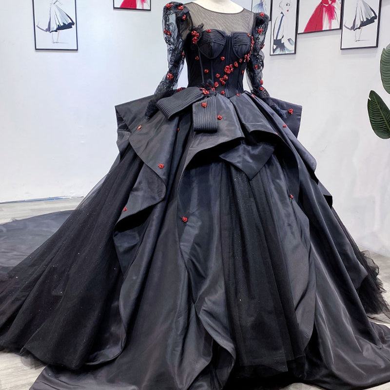 2022 New Ladies Sweetheart Prom Dress Wedding Dress 3D Flower Crystal Beaded Wedding Dress Black - Image 8