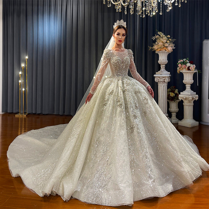 Custom Vintage Wedding Dress Long Sleeve Luxury Lace Beaded Embroidered Tutu Bridal Dress