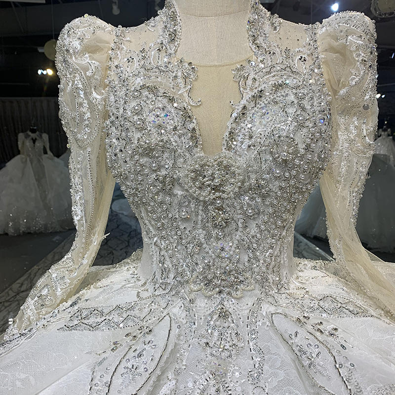 Perfect Stylish V-neck Full Sleeves Pearls Backless Lace Up Wedding Dress - Image 5