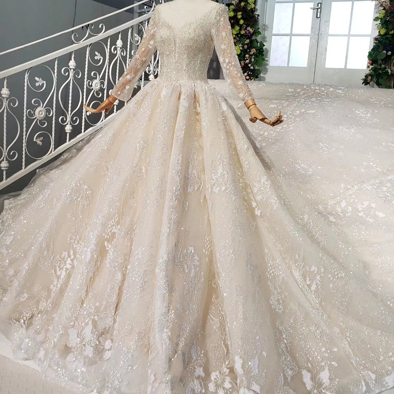 3d flower pattern full sleeves lao wedding dress gowns