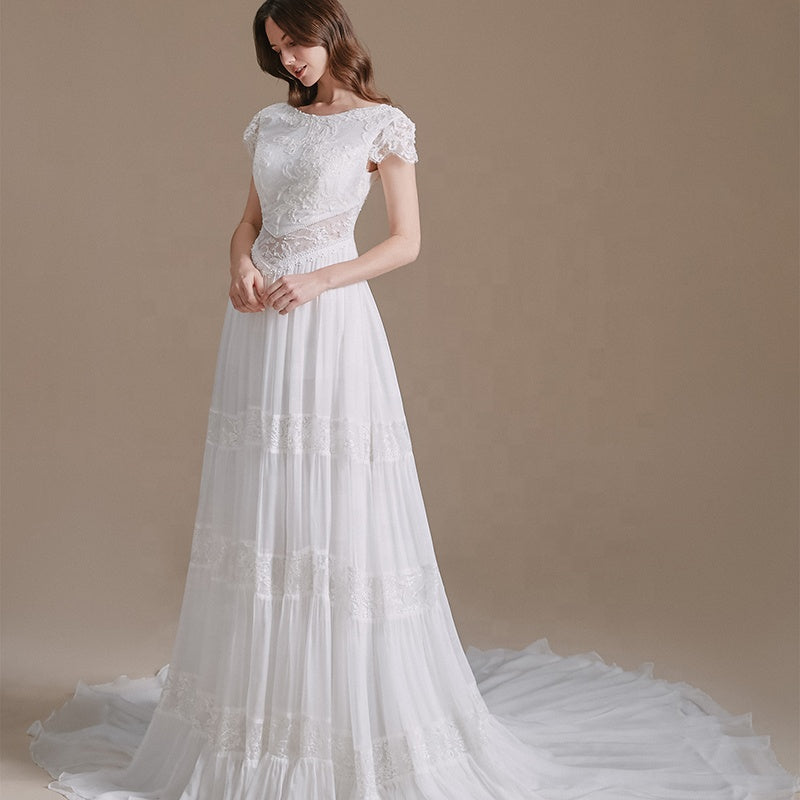 Elegant Short Sleeve Illusion Bridal Wedding Dress For Women