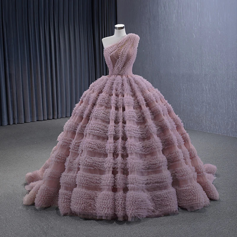 Intricate Shirred Prom Dress One-Shoulder Sleeveless Modest Backless Layered Puffy Tulle Floor Length Party Gowns - Image 5