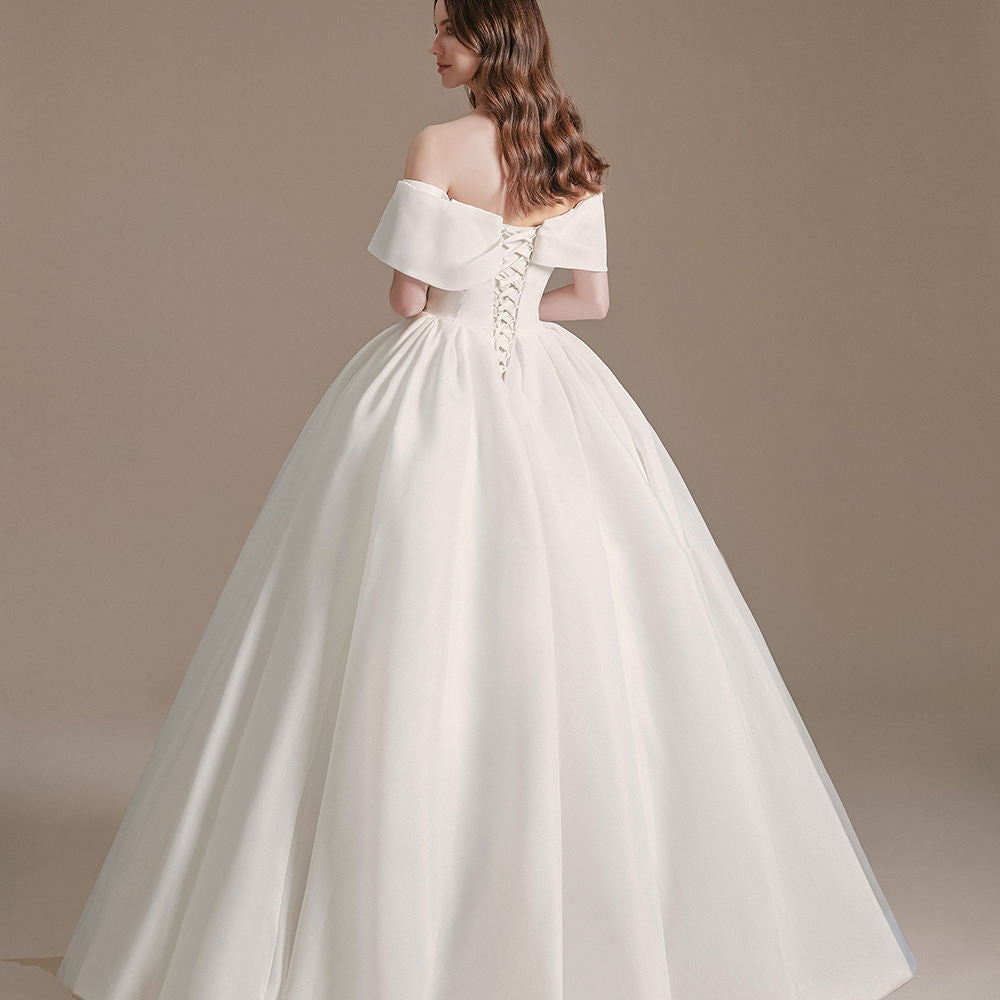 Princess Boat Neck Off Shoulder Satin Bridal Ball Gown Wedding Dress - Image 5
