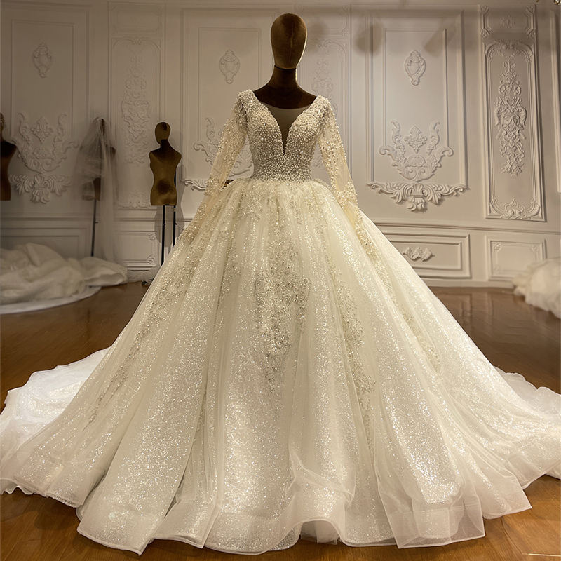 Lace Ball Gown Crystal Luxury Beads Sequined Bridal Dress Wedding