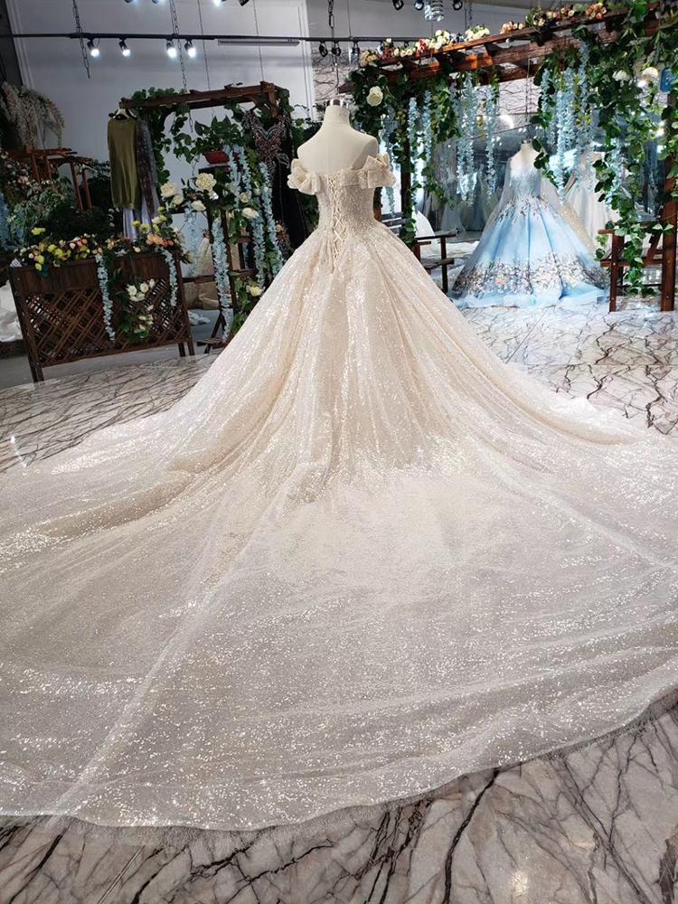 elegant lace bridal off shoulder wedding dress ball gown long train - Image 7