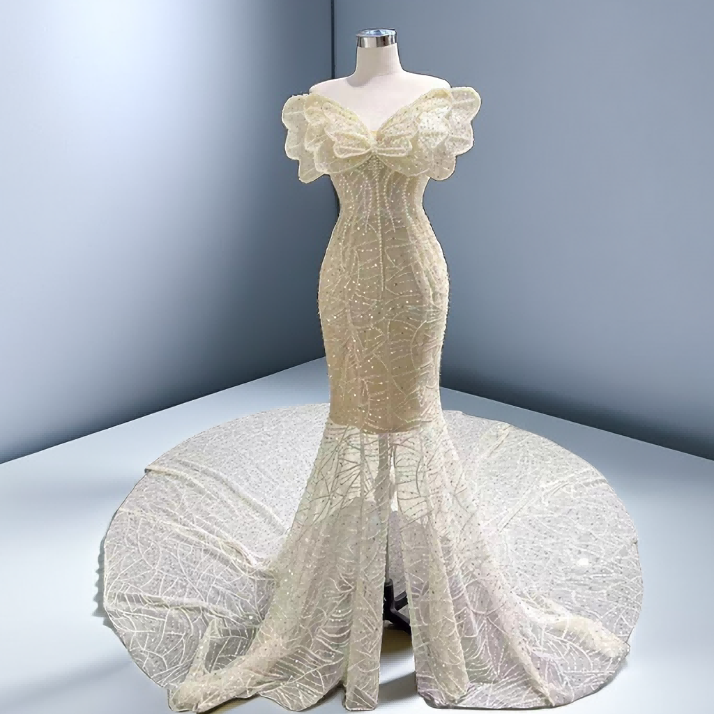 Mermaid Bowknot Wedding Dress With Beaded Sequins And Strap See-Through Wedding Dress