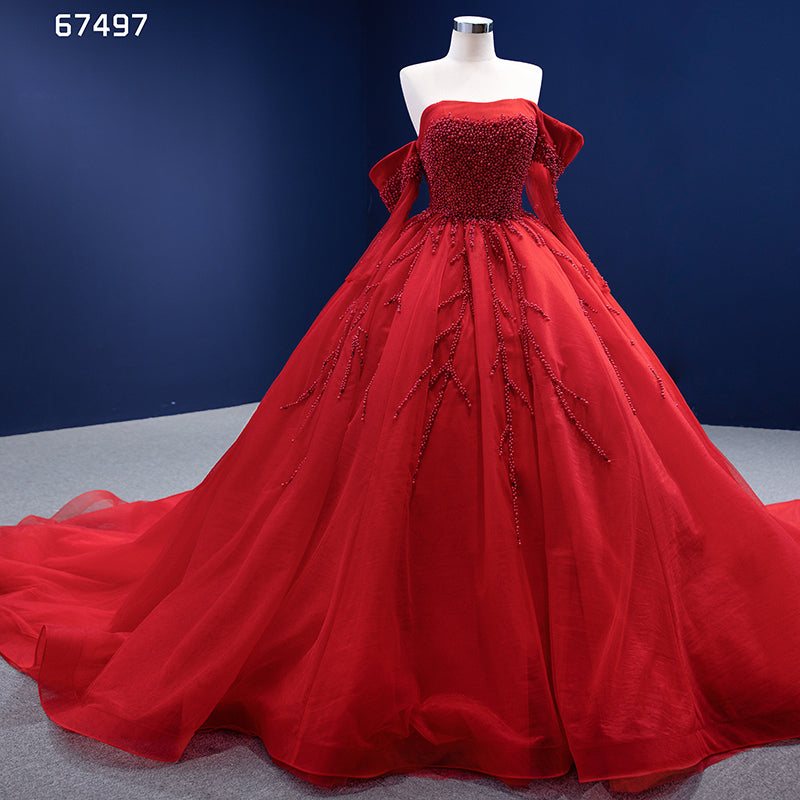 Latest Design High Quality Red Beaded Lace Fabric Sexy Prom Evening Dress