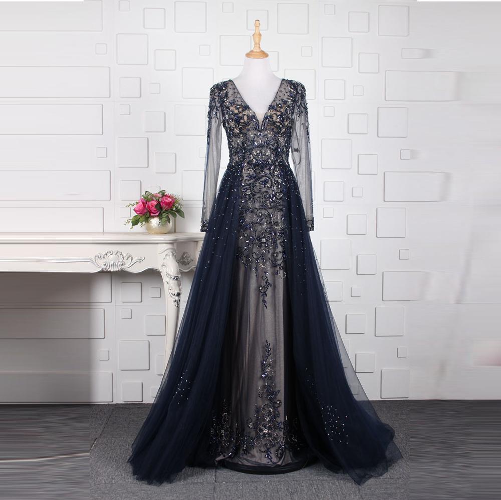 Full Sleeve V-Neck Brush Train Party Dress Illusion Beading A-Line Crystal Evening Dress - Image 2