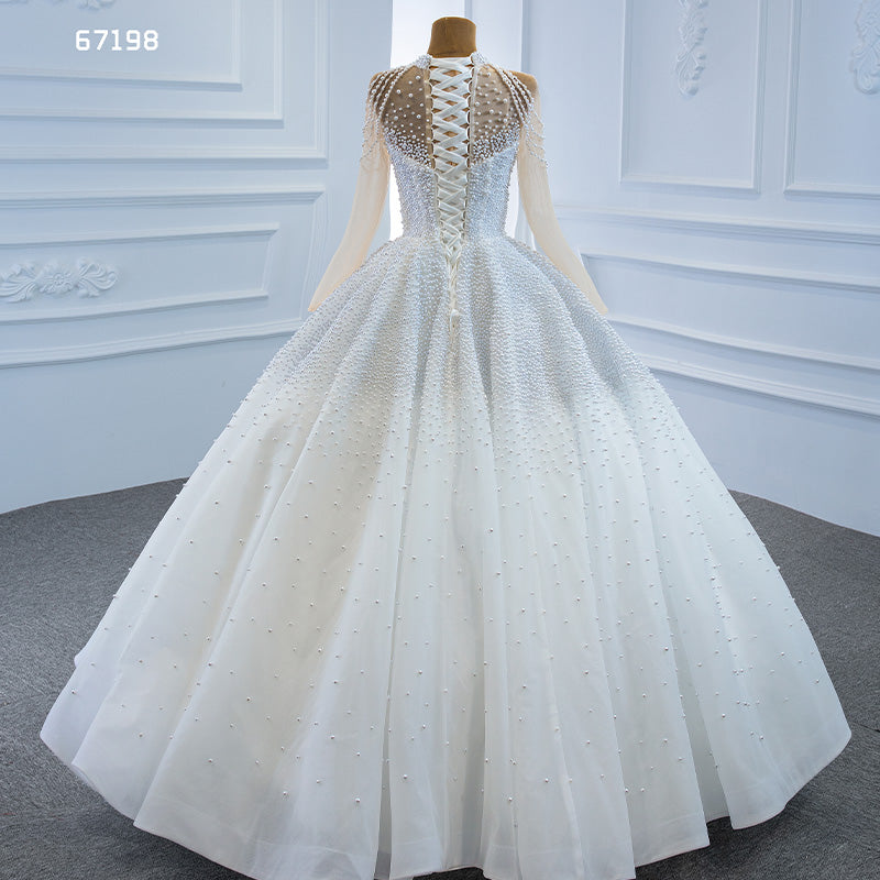 Modest Long Sleeve Elegant Luxury Full Pearl Wedding Dress - Image 5