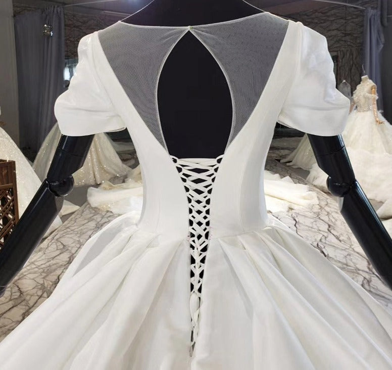 V Neek Satin White Long Train Wedding Dress Ball Gown - Image 8