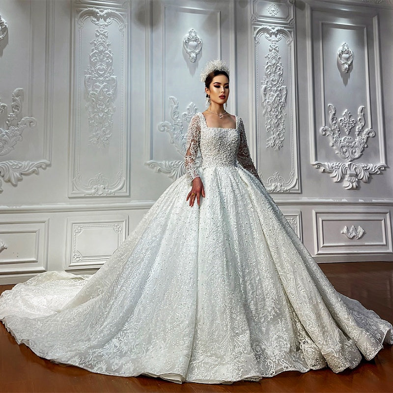 Custom New Luxury Wedding Dresses Long Sleeve Square Neck Bridal Dresses Girls Prom Dresses