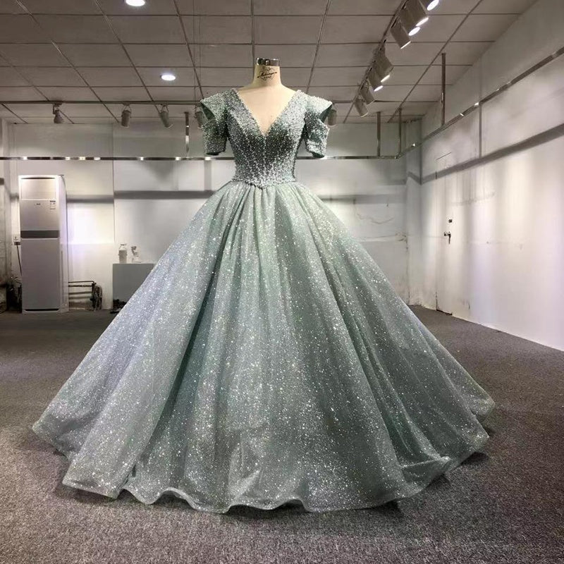 High Quality Heavy Handmade Luxury Beaded Sparkling Sequins V Neck Evening Dress