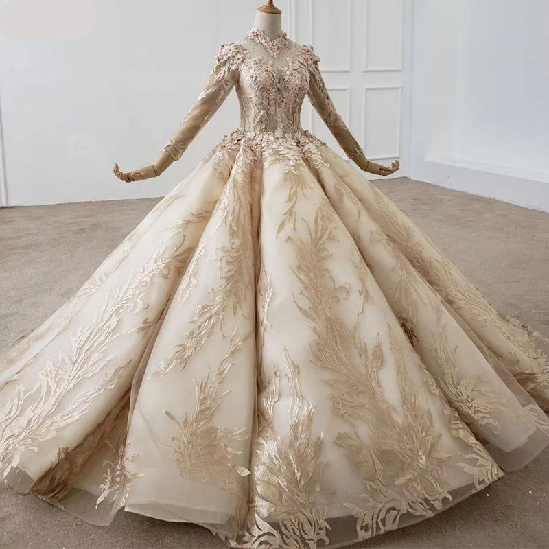 Long Sleeve Beaded Crystal Wedding Dress Ball Gown