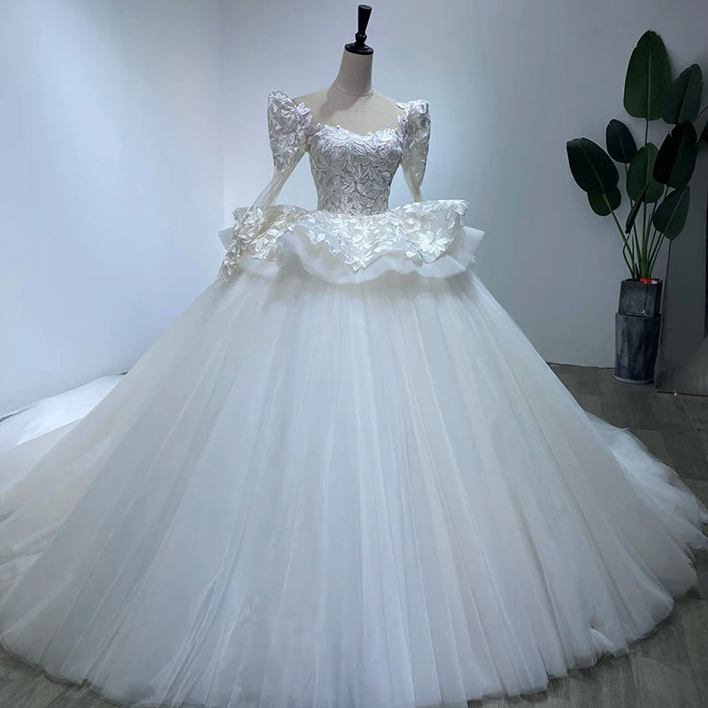 Elegant Applique Embroidery Bling Long Sleeves Layered Yarn Gown Bridal Wedding Dress - Image 6