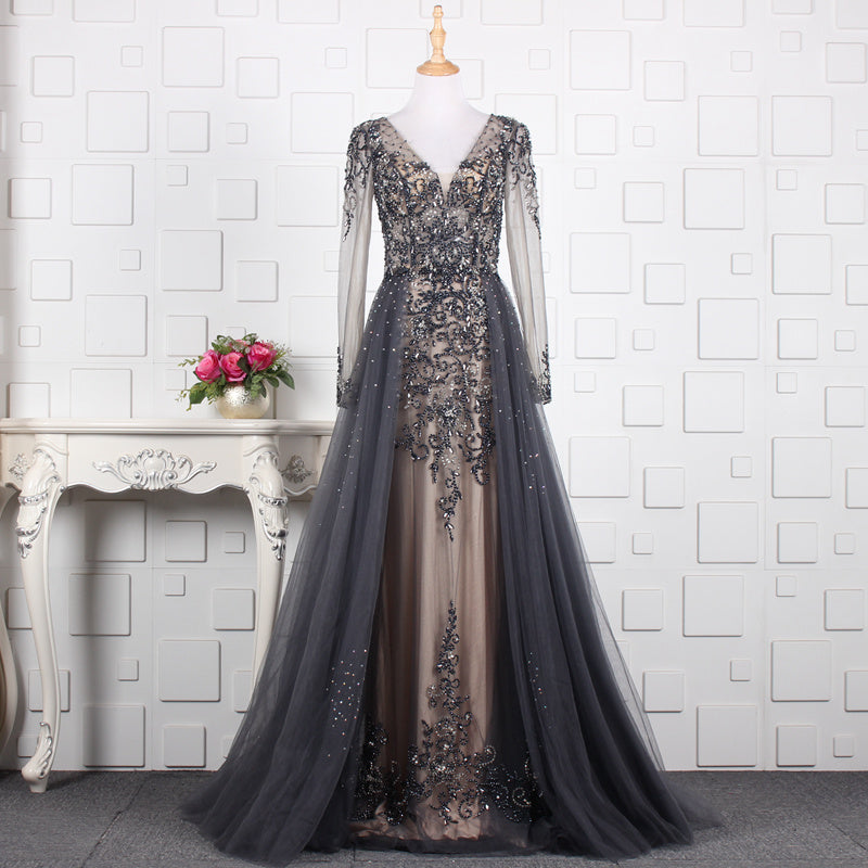 High Quality Sexy Lace Embroidered Beaded Shiny Ball Evening Dress