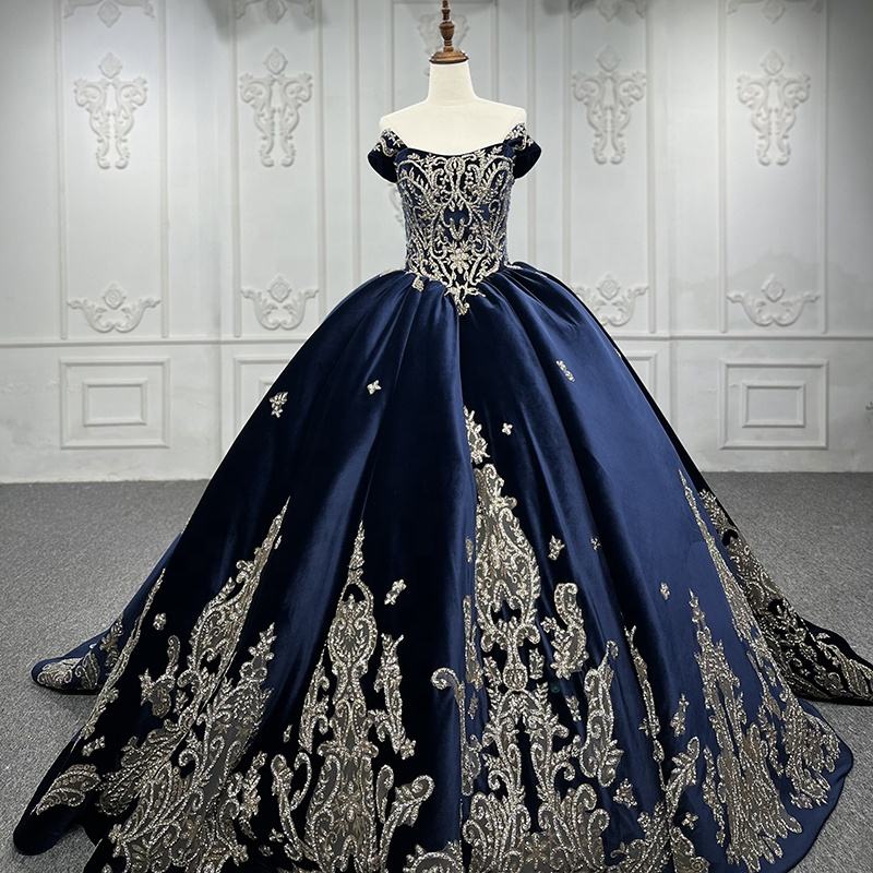 Velvet Elegant Blue Prom Off Shoulder Ball Gown Evening Party Dresses