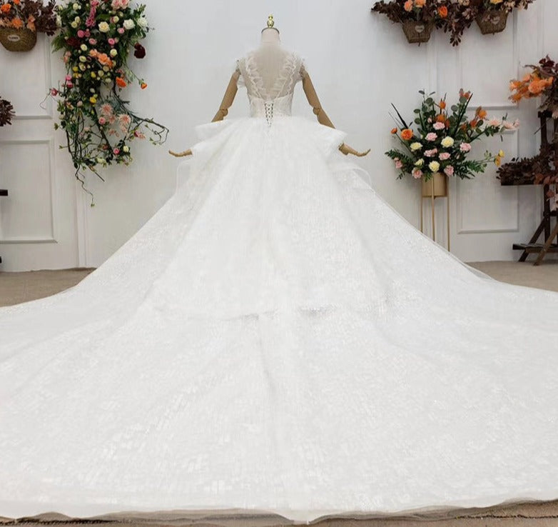 High Neck Lace Applique Cathedral Train Wedding Gown Dress - Image 5