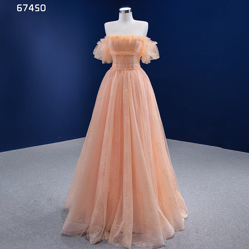 Evening Dress Elegant Lace Orange Tube Top A-Line Sheer Embroidered Party Dress