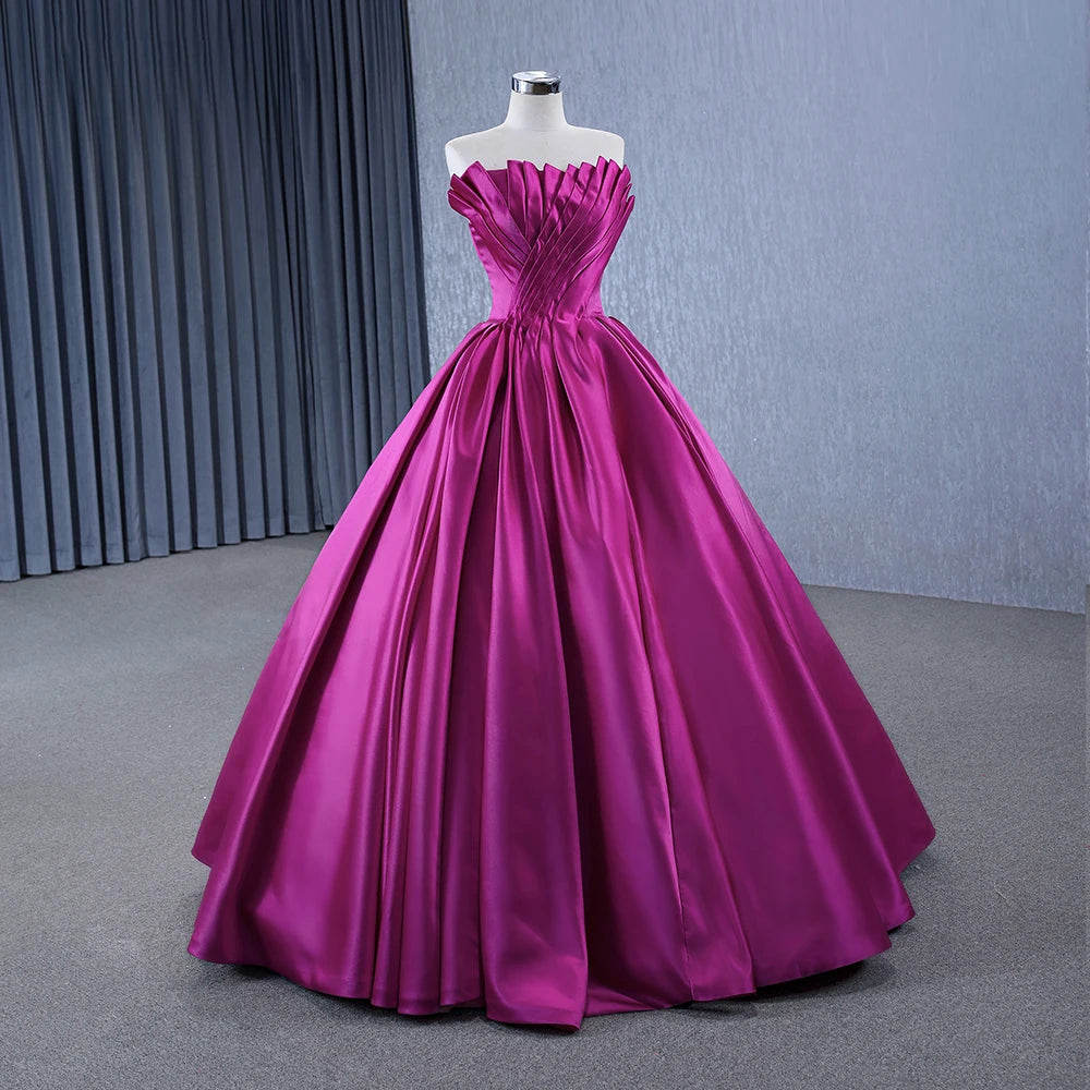 Real Pictures Fuchsia elegant Off-the-shoulder pleated satin Princess Ball Gown Sweetheart Wedding Dresses - Image 2