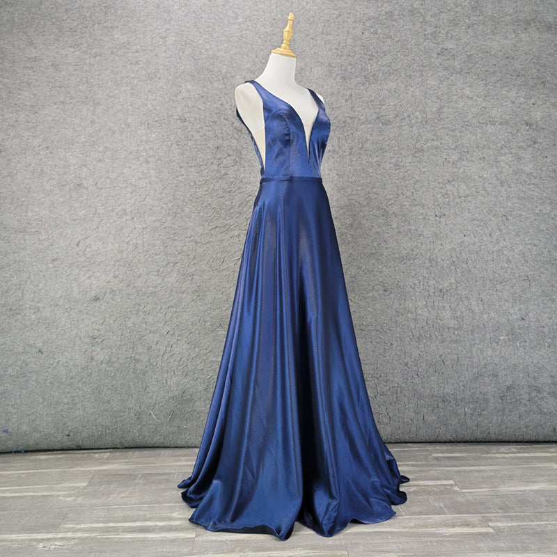 Double Shoulder Deep V Neck Sexy Gorgeous Dress Satin Navy  Women'S Dress