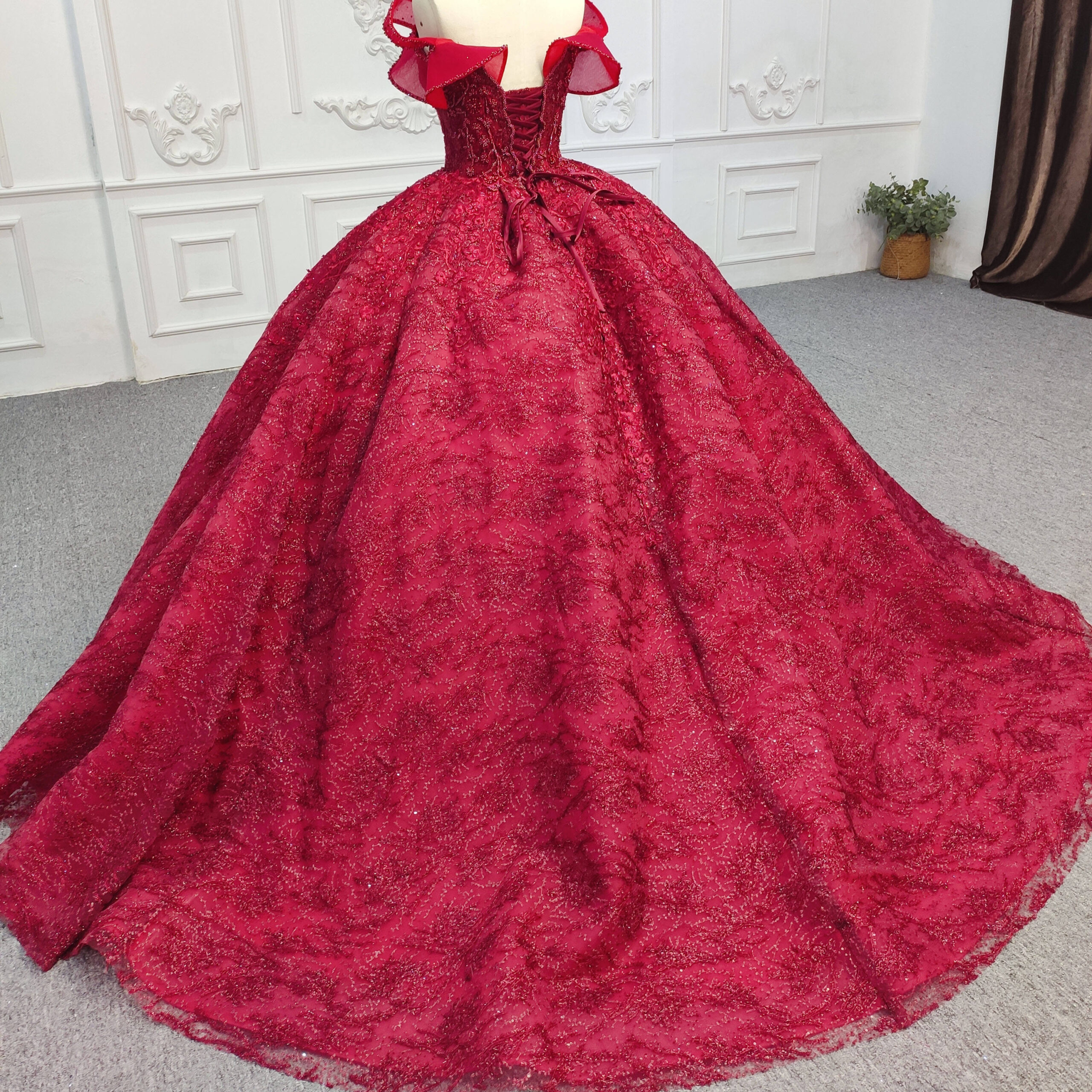 Red Lace-up Elegant Beaded Formal Ball Gown Evening Dresses - Image 5