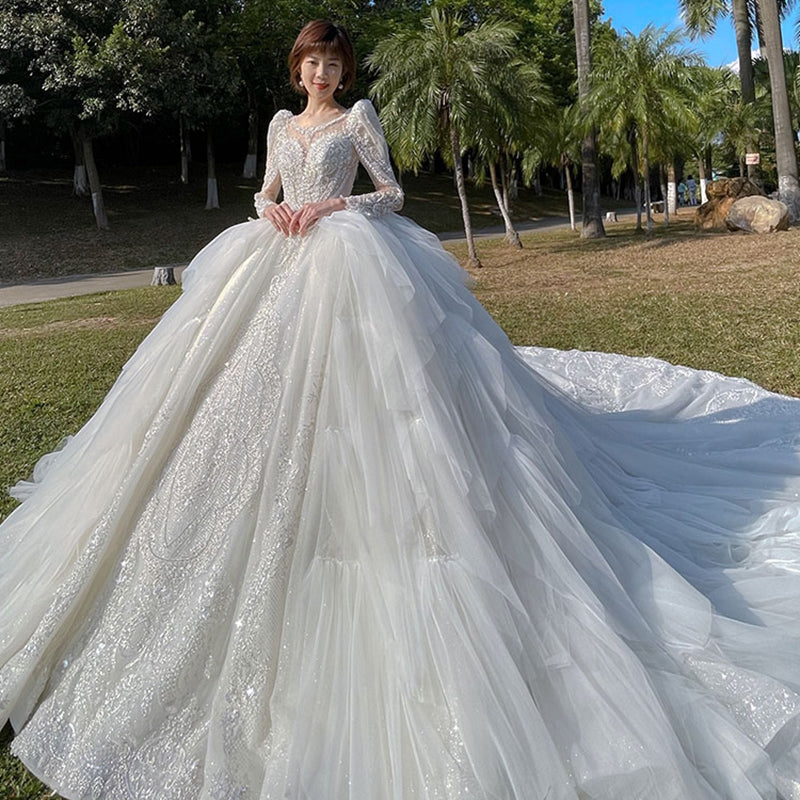 Beautiful French Long Sleeve Lace Bridal Trailing Wedding Dress