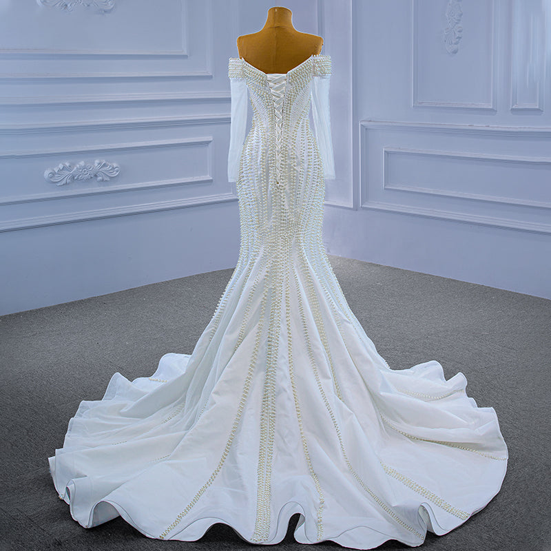 Ladies White Fashion Lace Beaded Mermaid Bridal Wedding Dress - Image 4