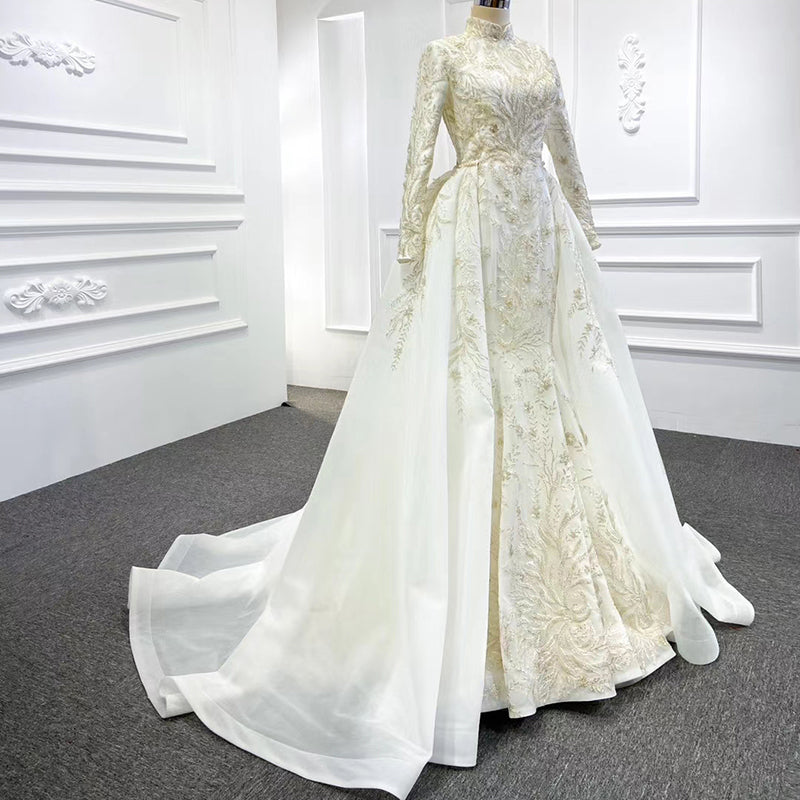 High Neck Long Sleeve Mermaid Quality Detachable Train Wedding Bridal Dress