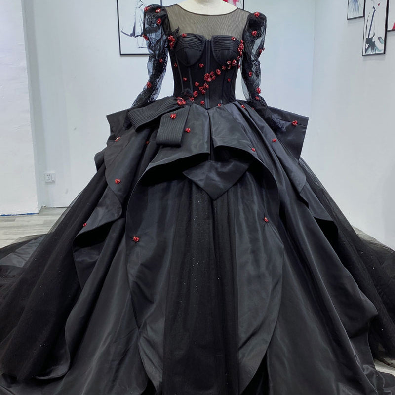 2022 New Ladies Sweetheart Prom Dress Wedding Dress 3D Flower Crystal Beaded Wedding Dress Black - Image 4