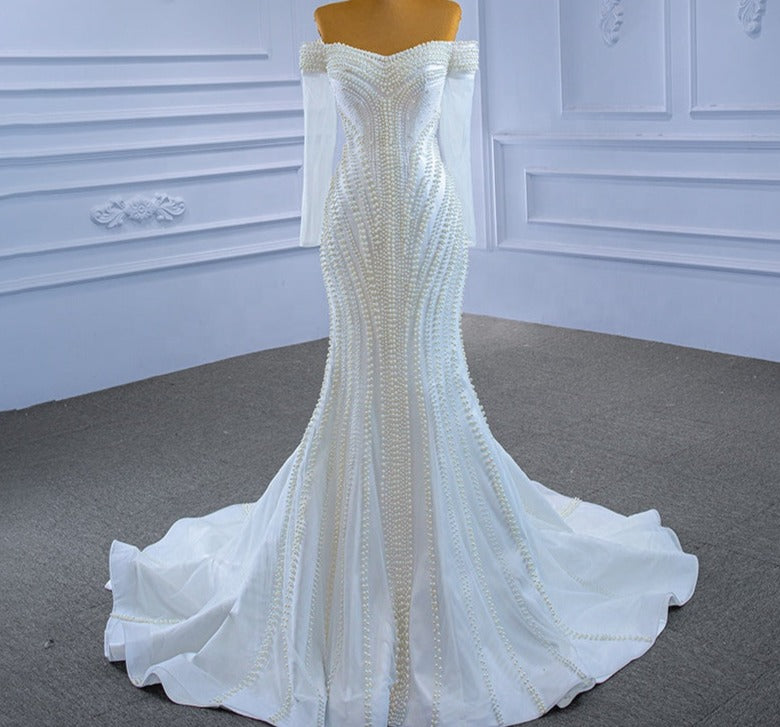 Ladies White Fashion Lace Beaded Mermaid Bridal Wedding Dress