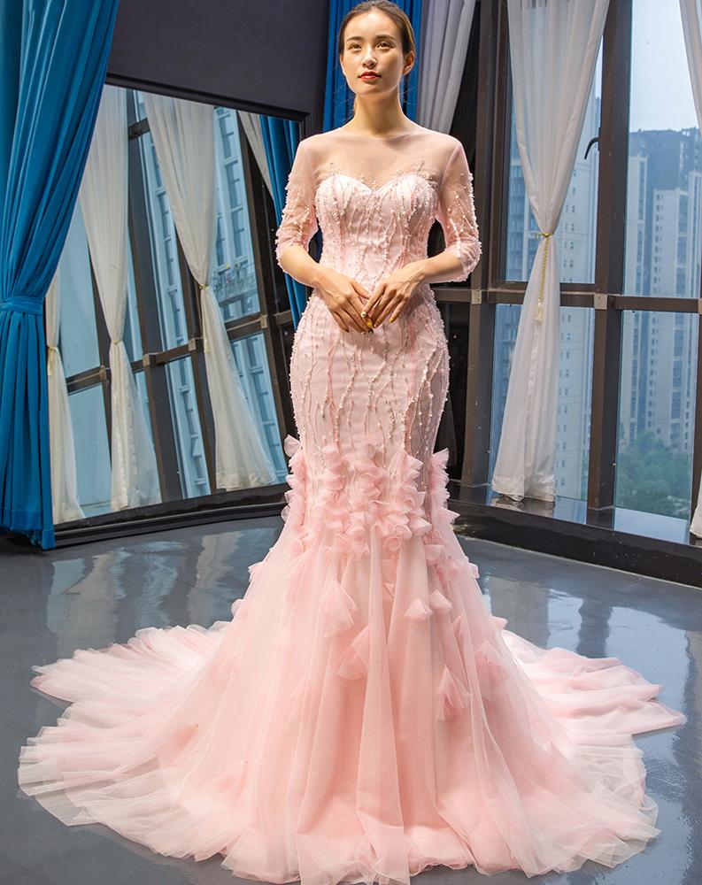 3/4 length sleeves elegant beaded mermaid lace pink robe de soiree evening dresses