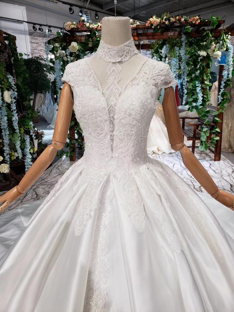 high neck cap sleeves satin cinderella luxury wedding gowns - Image 6