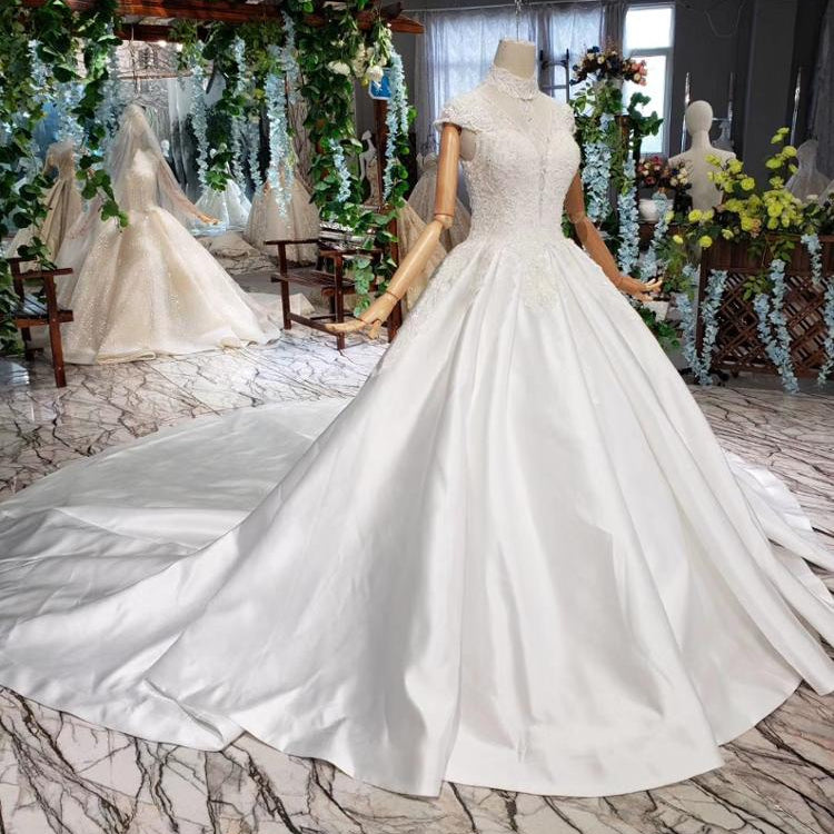 high neck cap sleeves satin cinderella luxury wedding gowns