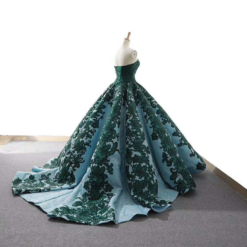 high quality strapless heavy applique pleat green real evening gowns with train