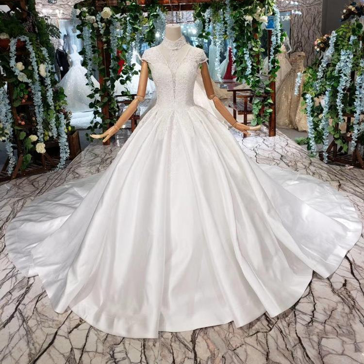 high neck cap sleeves satin cinderella luxury wedding gowns - Image 3