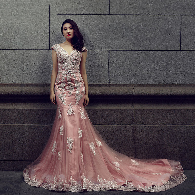 v neck long evening dresses women pink long beautiful mermaid evening dresses