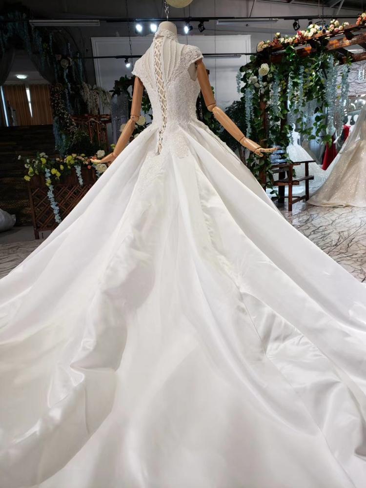 high neck cap sleeves satin cinderella luxury wedding gowns - Image 7