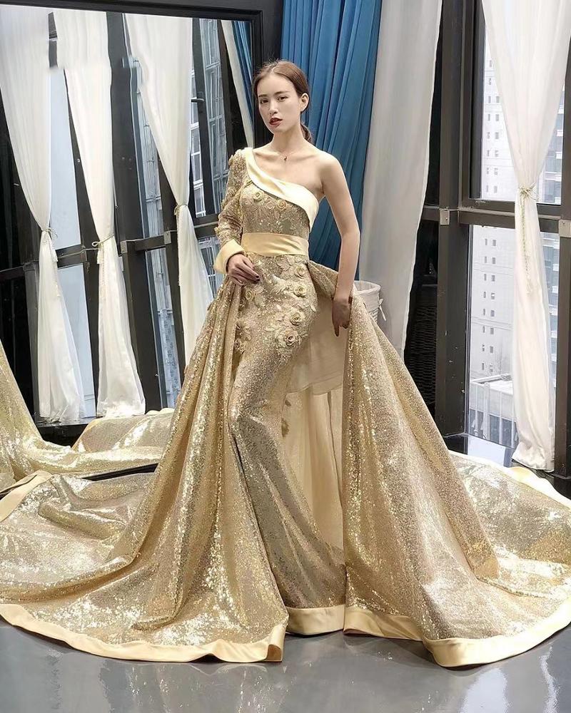 golden 3d flower long sleeve one shoulder dress mermaid evening gown with detachable train - Image 5