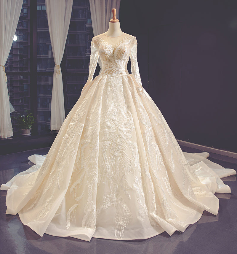 custom made luxurious long train lace applique long sleeves wedding dress