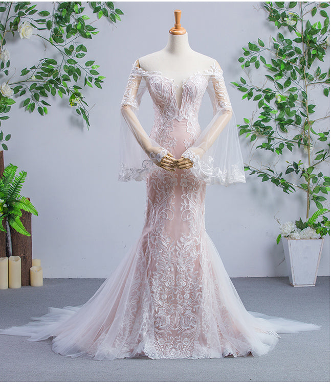 off shoulder puff sleeves beauty pattern sexy sweetheart mermaid wedding dress
