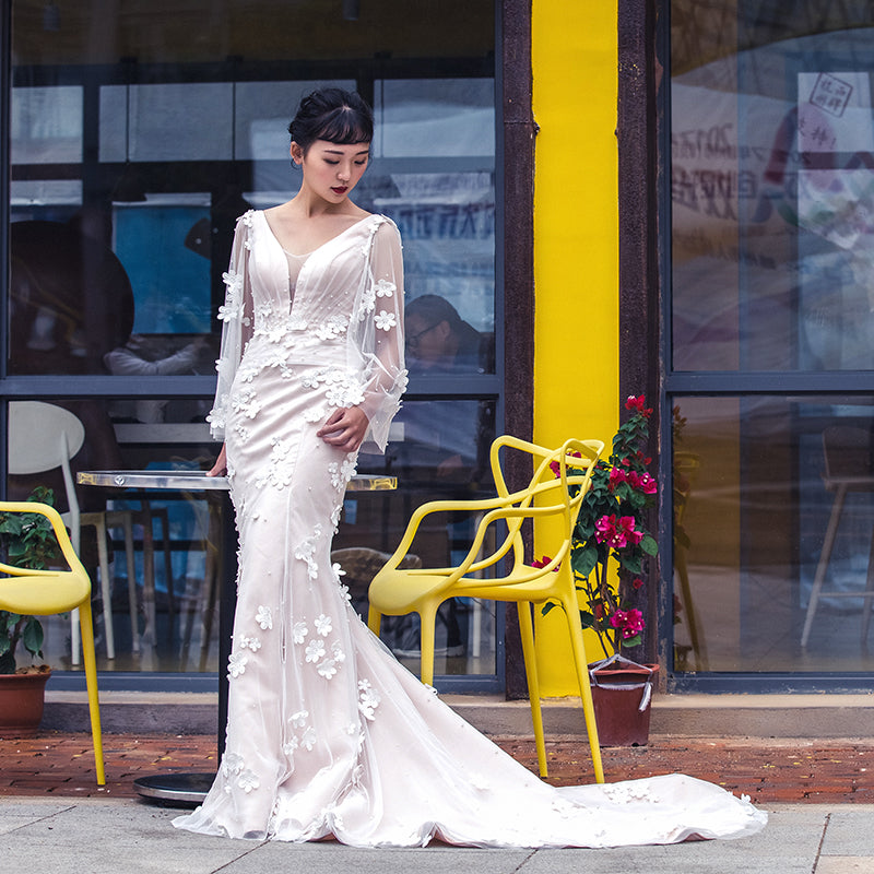 real v neck long sleeves 3D flower romantic mermaid vintage wedding dress - Image 5